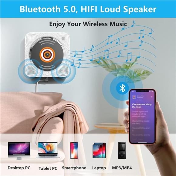 Portable CD Player, Upgrade Wall Mount CD Player,Bluetooth Home Audio with Cover - Picture 4 of 7